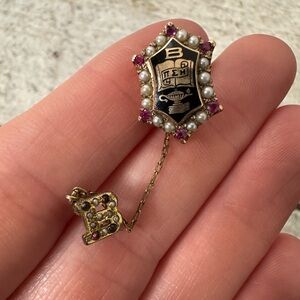 Vintage Ruby 10k Gold Seed Pearl Sorority Brooch Pin